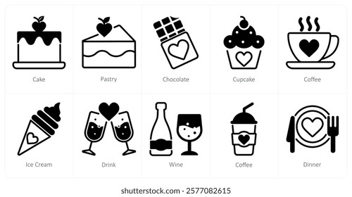 A set of 10 Valentine's Day icons as cake, pastry, chocolate