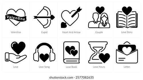 A set of 10 Valentine's Day icons as valentine, cupid, heart and arrow