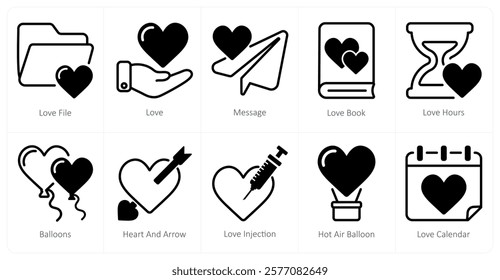 A set of 10 Valentine's Day icons as love file, love, message, love book