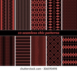 Set of 10 various seamless chic patterns in black and red colors. Fashion geometric prints. Vector illustrations for stylish creative design