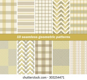 Set of 10 various seamless geometric patterns. Pleasant warm colors. Vector illustration for various creative projects