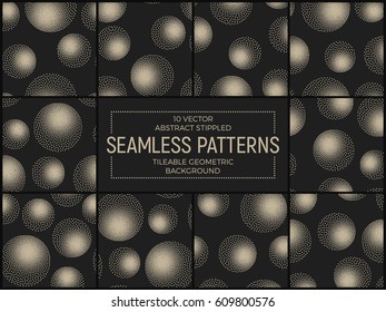 Set of 10 Vector Abstract Stippled Seamless Patterns. Handmade Tileable Geometric Dotted Grunge Background