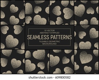 Set of 10 Vector Abstract Stippled Seamless Patterns. Handmade Tileable Geometric Dotted Grunge Background