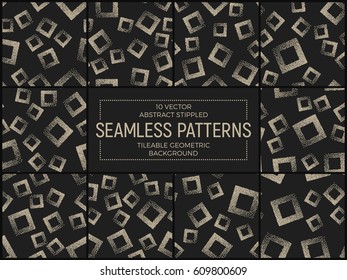Set of 10 Vector Abstract Stippled Seamless Patterns. Handmade Tileable Geometric Dotted Grunge Background