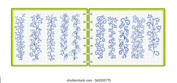 Set of 10 vector borders in doodle style (included floral and geometric elements) on notebook. Can be used for doodle or hand drawn design
