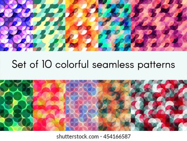 Set of 10 vector colorful seamless pattern. Sparkling circles, trendy color palette
