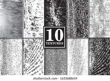 Set of 10 vector grunge overlay textures. Collection of ten distressed textures of rusted peeled metal. Easy to use halftone black monochrome detailed templates.