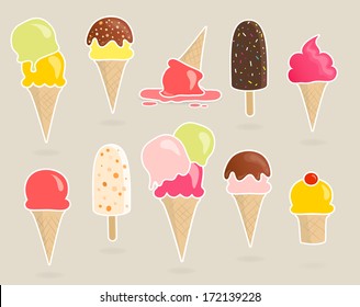 Set of 10 vector ice cream stickers with different toppings