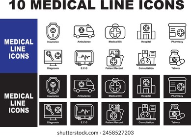 Set von 10 Vektorgrafik-Linien-Icons. Enthält Krankenhaus, Krankenwagen, Versicherung, Apotheke, Diagnose, Patientenakte, EKG, Beratung, medizinisches Kit und mehr. Normale und umgekehrte Symbole