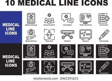 Set of 10 vector line icons. Containing Medical Checkup, Group Decisions, Consultation, Examination, Patient Montering, Medical-Kit Care, Stretcher, Research, Thermometer and more. Normal icons and re