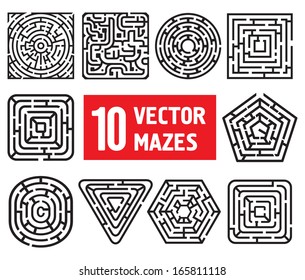 Set of 10 vector mazes. Different black and white shapes