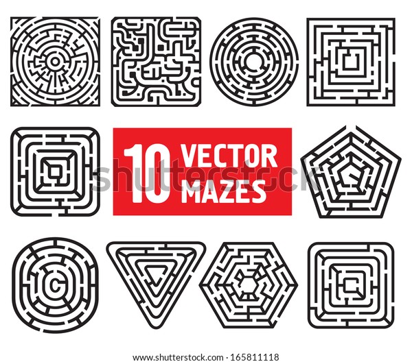 Set 10 Vector Mazes Different Black Stock Vector Royalty Free 165811118 7979