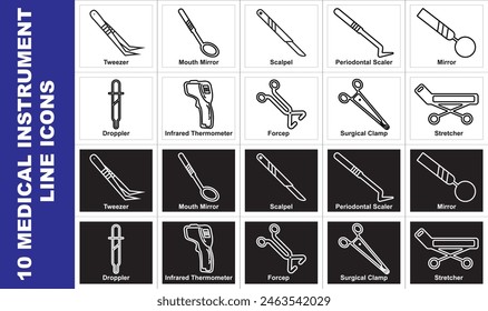 Set of 10 vector medical instrument line icons. Containing Tweezer, Mouth Mirror, Droppler, Scalpel, Periodontal Scaler, Mirror, Infrared Thermometer, Forcep, Surgical Clamp and more. Normal icons and