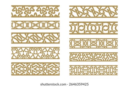 Set of 10 vector ornamental borders with geometric interwoven strips. Decorative seamless frames in ethnic and abstract style. Editable strokes, isolated on white background.
