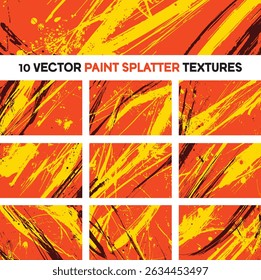Set of 10 vector paint splatter textures in a fiery palette of orange, yellow, and dark red. Energetic, abstract grunge strokes and splashes perfect for dynamic backgrounds and designs. 