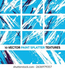 Set of 10 vector paint splatter textures. Abstract blue, white, and dark accent backgrounds with energetic strokes and chaotic splashes. Perfect for dynamic, modern graphic designs and creative uses.