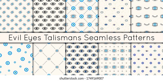 Set of 10 vector seamless patterns with various evil eyes talismans for protection and good luck. Contemporary modern trendy background for digital paper, textile, texture, wrapping paper.