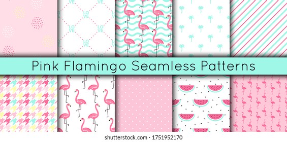 Set of 10 vector seamless tropical patterns with cute pink flamingo, watermelon, polka dot, houndstooth and palms. Collection of minimalistic romantic trendy background of beautiful exotic birds.