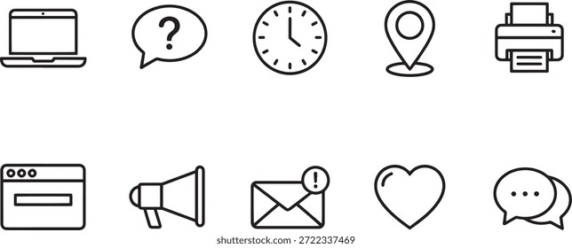 Un conjunto de 10 iconos de silueta de Vector para el Web y la comunicación, incluyendo reloj, mapa, impresora y más
