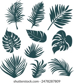 A set of 10 vector silhouettes of tropical leaves. Natural curves imitating movement, including palm leaves, monstera, and banana leaves.