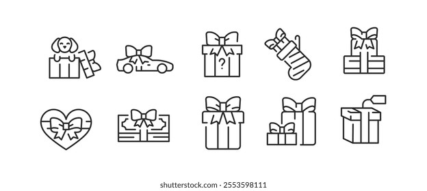 A set of 10 versatile gift-related icons, encompassing various forms of presents, such as wrapped boxes, gift cards, shopping incentives, and puppies and cars with bows. Vector illustration