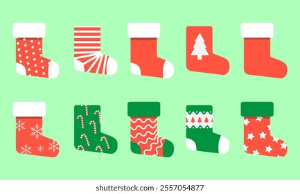 Set of 10 vibrant Christmas stockings with festive patterns, ideal for decorations, greeting cards, and seasonal designs.