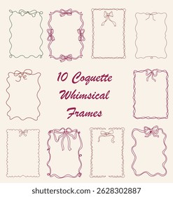 Set Of 10 Vintage Coquette Aesthetic Hand Drawn Ribbon Frame With Bow Doodle Whimsical Style Isolated Vector Design