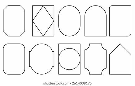Set of 10 vintage label and badge frame shapes or geometry frame in outline style. Ideal for logos, packaging, labels, and retro design templates. Vector template design elements