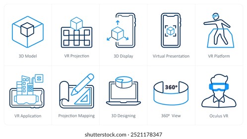 Un conjunto de 10 iconos de realidad virtual como modelo 3D, proyección de VR, pantalla 3D