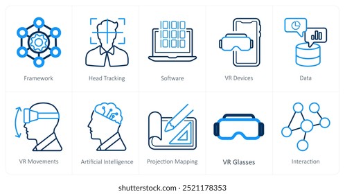 A set of 10 Virtual Reality icons as framework, head tracking, software