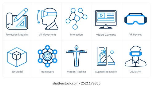 A set of 10 Virtual Reality icons as projection mapping, vr movements, interaction