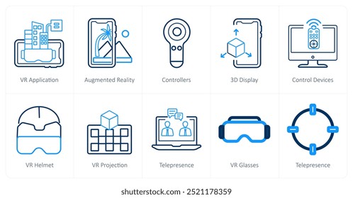 Um conjunto de 10 ícones de realidade virtual como aplicativo vr, controladores, tela 3d
