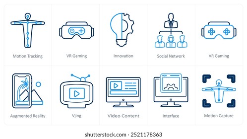 Eine Reihe von 10 Virtual Reality-Symbolen wie Motion Tracking, VR-Gaming, Innovation