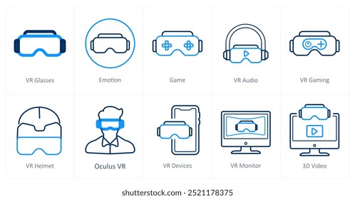 A set of 10 Virtual Reality icons as vr glaases, emotion, game