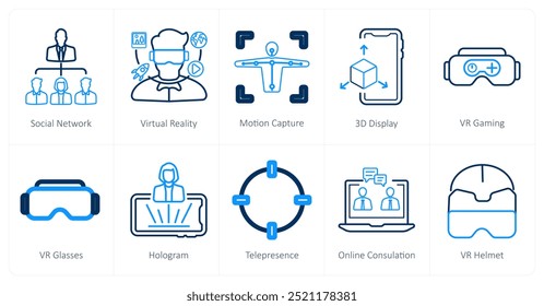 Eine Reihe von 10 Virtual Reality-Symbolen als soziales Netzwerk, virtuelle Realität, Motion Capture