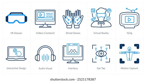 A set of 10 Virtual Reality icons as vr glasses, video content, wired glasses