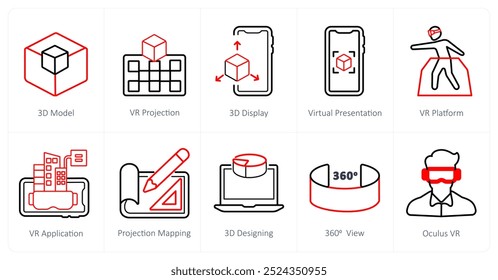 A set of 10 Virtual Reality icons as 3d model, vr projection, 3d display