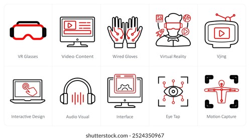 A set of 10 Virtual Reality icons as vr glasses, video content, wired glasses