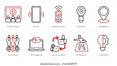 A set of 10 Virtual Reality icons as cinema room, sensor, remote access