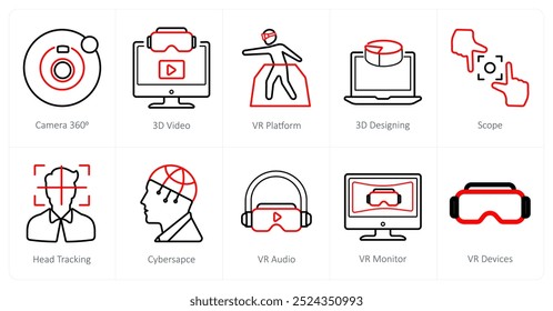 Video Un conjunto de 10 iconos de la realidad virtual como cámara 360, 3d, plataforma del vr