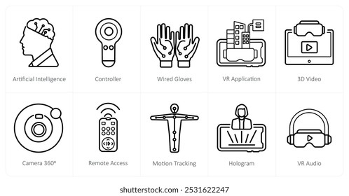 Un conjunto de 10 iconos de realidad virtual como inteligencia artificial, controlador, guantes con cable