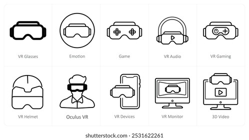 Un conjunto de 10 iconos de realidad virtual como glaases vr, emoción, juego