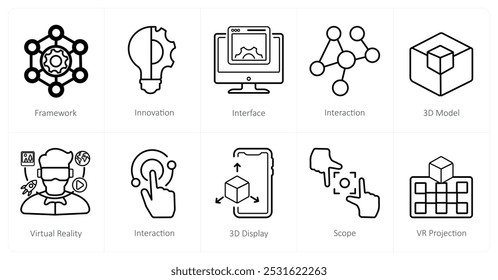 A set of 10 Virtual Reality icons as framework, innovation, interface