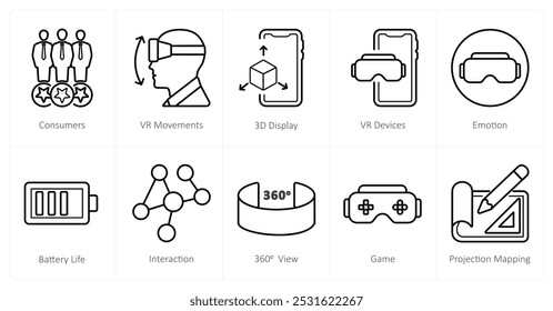 A set of 10 Virtual Reality icons as consumers, vr movements, 3d display