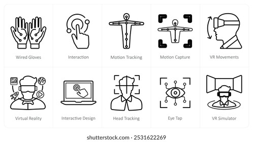 A set of 10 Virtual Reality icons as wired gloves, interaction, motion tracking