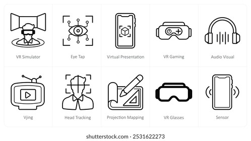 A set of 10 Virtual Reality icons as vr simulator, eye tap, virtual presentation