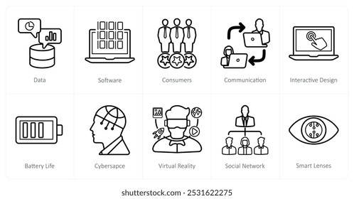 A set of 10 Virtual Reality icons as data, software, consumers