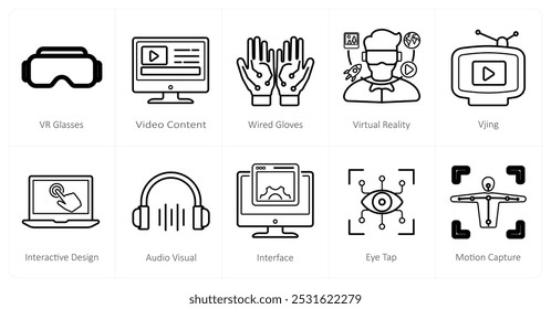 A set of 10 Virtual Reality icons as vr glasses, video content, wired glasses