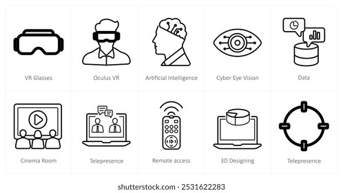 A set of 10 Virtual Reality icons as vr glasses, oculus vr, artificial intelligence