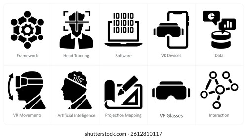 A set of 10 Virtual Reality icons as framework, head tracking, software